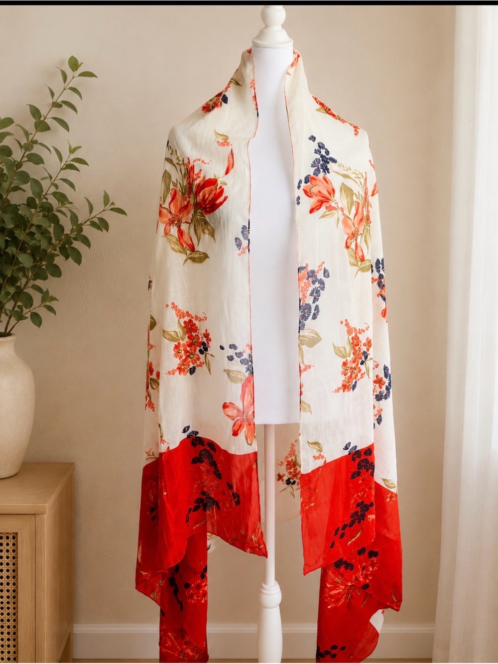 Aratta Floral Open Front Scarf Jacket in Cream and Red